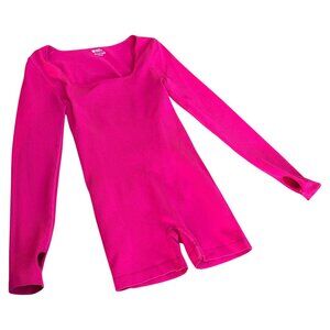 Hot Pink Ribbed Long Sleeve Romper – Square Stretch One-Piece, L